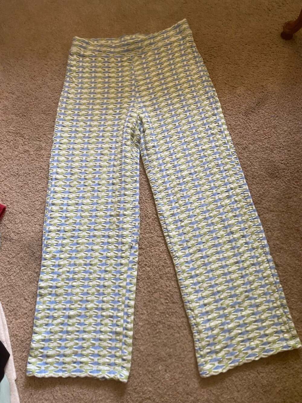 Zara Textured Knit Pants Size L Blue Green White Wide Leg